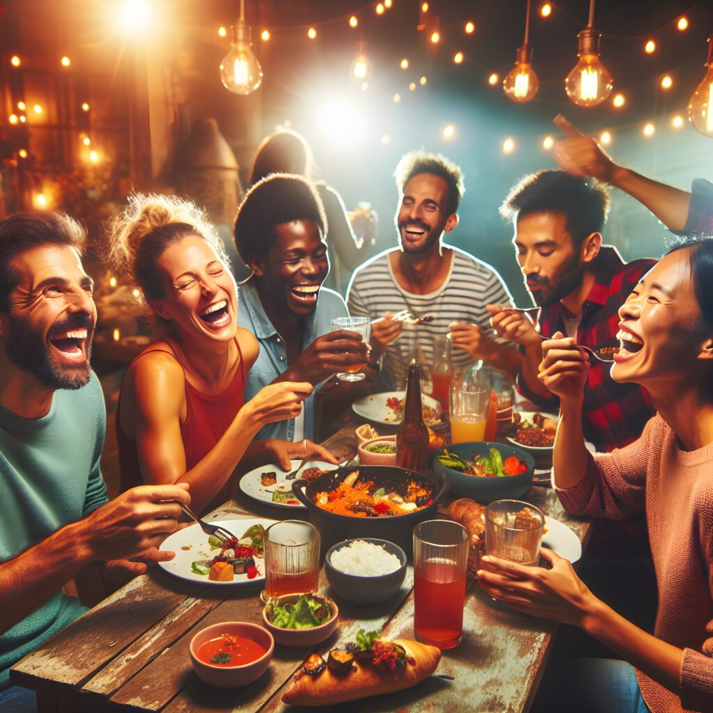 a vibrant, energetic group of people enjoying a meal together