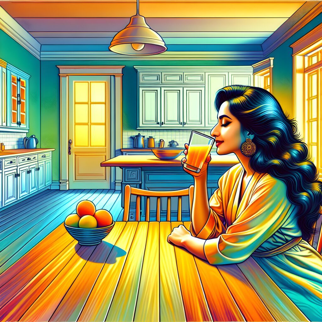 A darker skinned woman drinking orange juice, kitchen table, bright kitchen