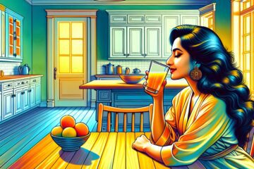 A darker skinned woman drinking orange juice, kitchen table, bright kitchen
