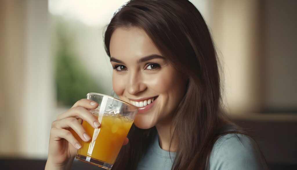 a woman drinking a healthy drink and smiling