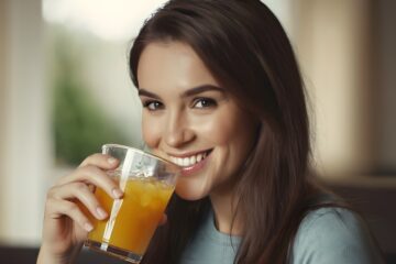 a woman drinking a healthy drink and smiling